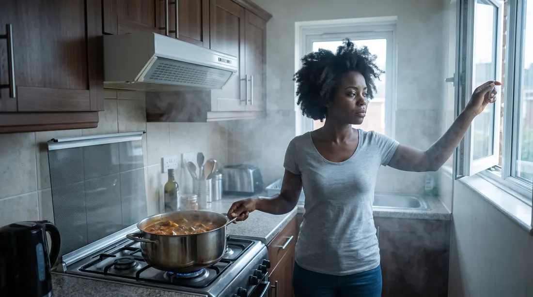 A typical kitchen with a weak builder-grade hood, hazy with smoke and steam