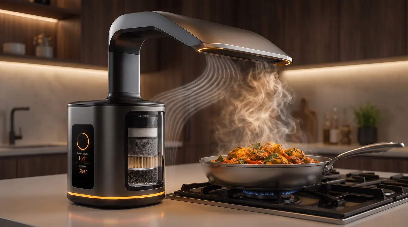 Plume's articulated arm positioned over a pan, capturing rising steam and smoke