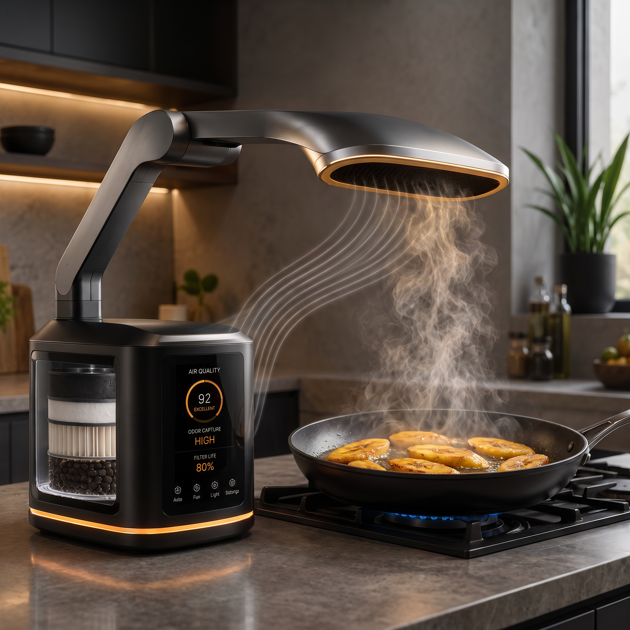 Plume's arm capturing steam while frying plantain at high heat