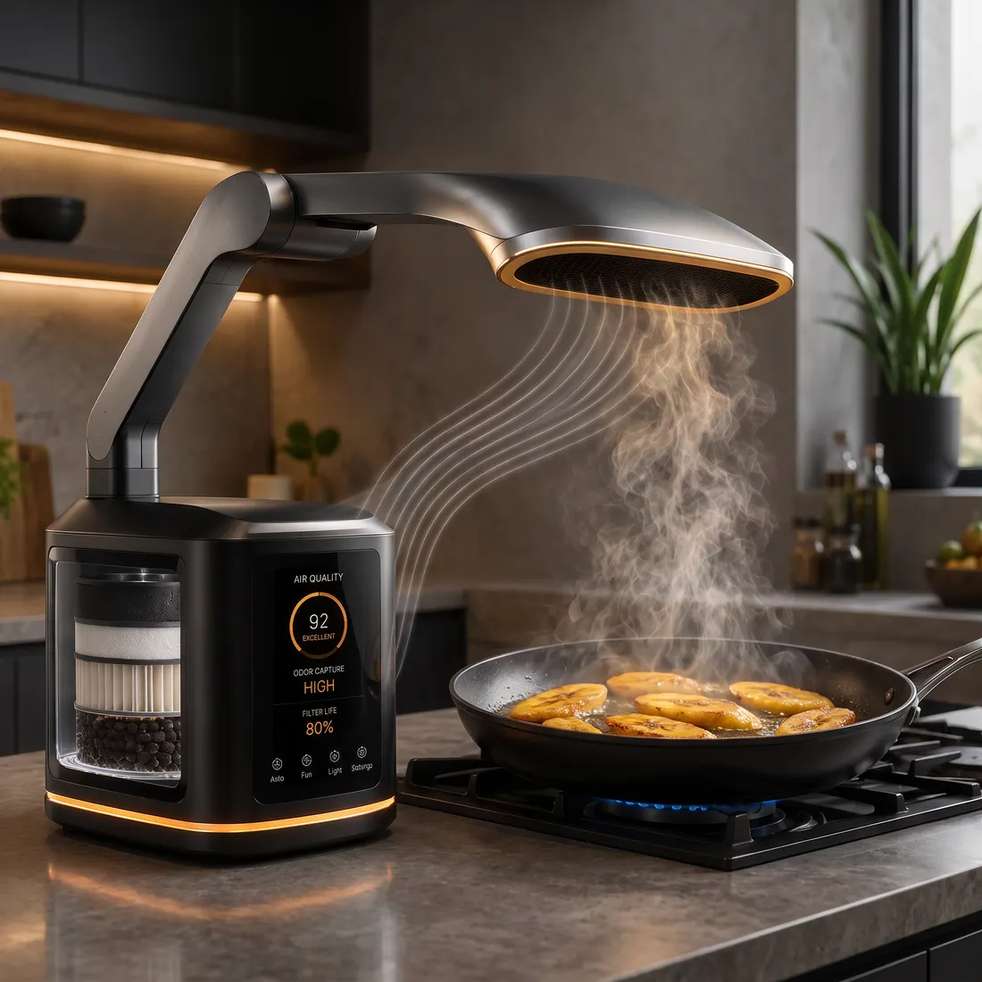 Plume's arm capturing steam while frying plantain at high heat