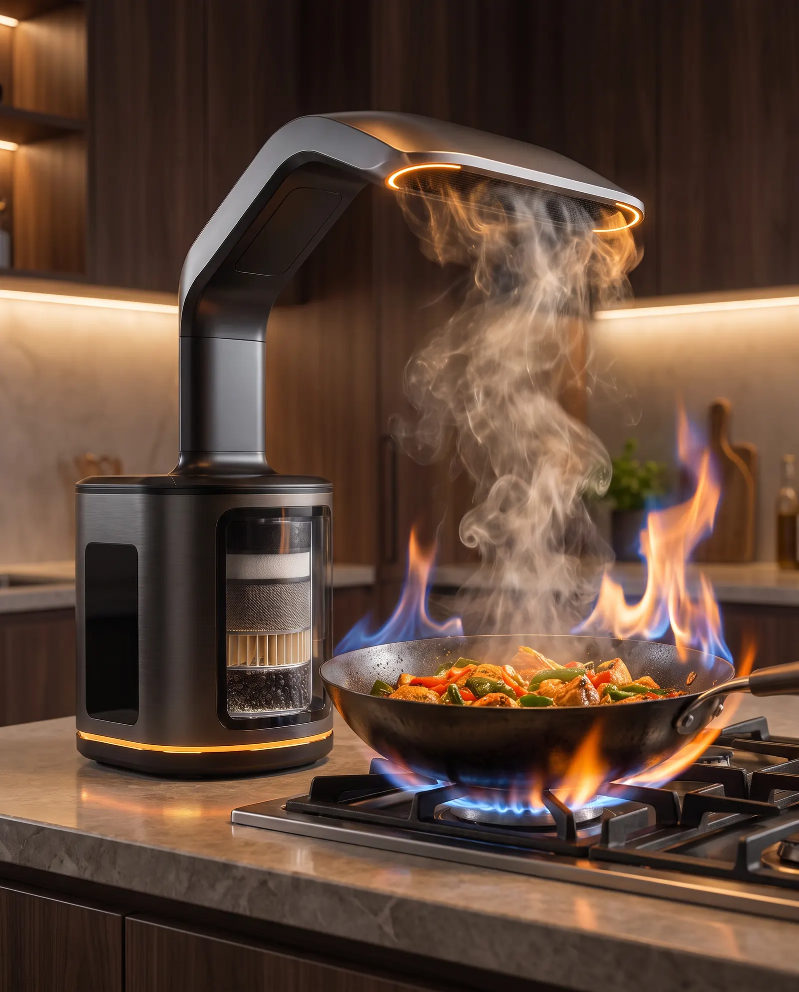 Plume's arm capturing smoke and steam over a high-heat wok stir-fry